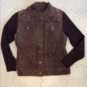 Brown Leather Jacket with Knit Sleeves